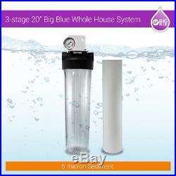 20 Big Blue Whole House Water Filter 3/4Ports Sediment +oil Pressure Gauge S