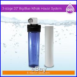 20 Big Blue Whole House Water Filter 3/4 Ports Sediment + oil Pressure Gauge