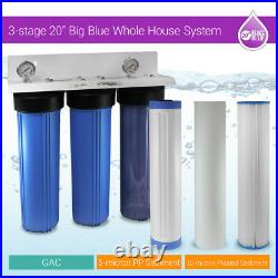 3 Stage 20x4.5 Big Blue 3/4 Port Whole House Water Filter + 2 Pressure Gauges