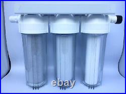 3 Stage RV Water Filter System Clear Housings 3/4 Male / Female Hose Fittings