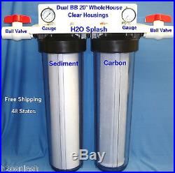 Big Blue Dual 20 Whole House Water Filter/1 Inch Ports Clear Housings -BV & G