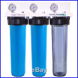 Max Water 3 Stage 20 Big Blue 1 Port Whole House Water Filter + Pressure Gauge