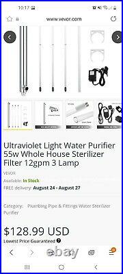 Ultaviolet Light Water Purifier 55w Whole House Sterilizer Filter 12gpm 3 lamp