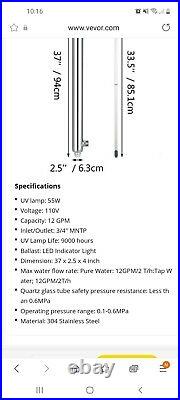 Ultaviolet Light Water Purifier 55w Whole House Sterilizer Filter 12gpm 3 lamp